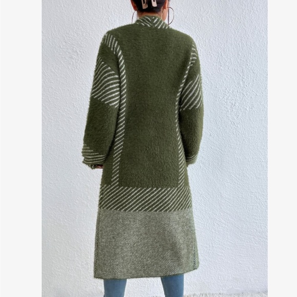 Oversized Color Block Stripes Fuzzy Open Front Duster Sweater Cardigan - Picture 6 of 10